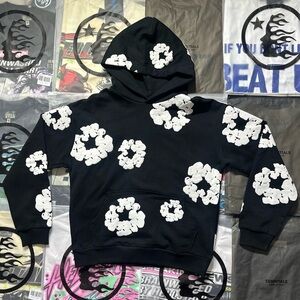 Denim Tears Women Chic Black Hoodie with White Floral Design
